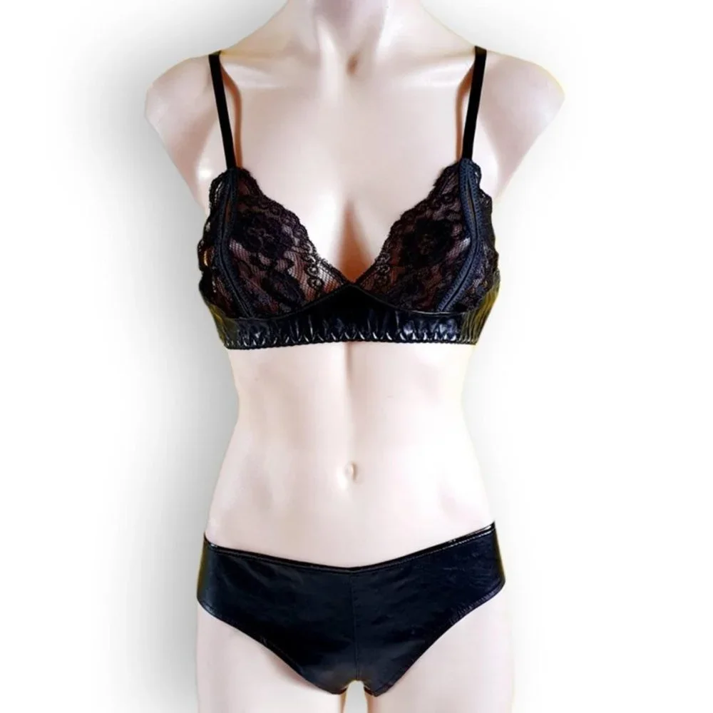 Black stretch lace + PVC two piece lingerie bra /bralette + underwear set OS - Picture 2 of 5